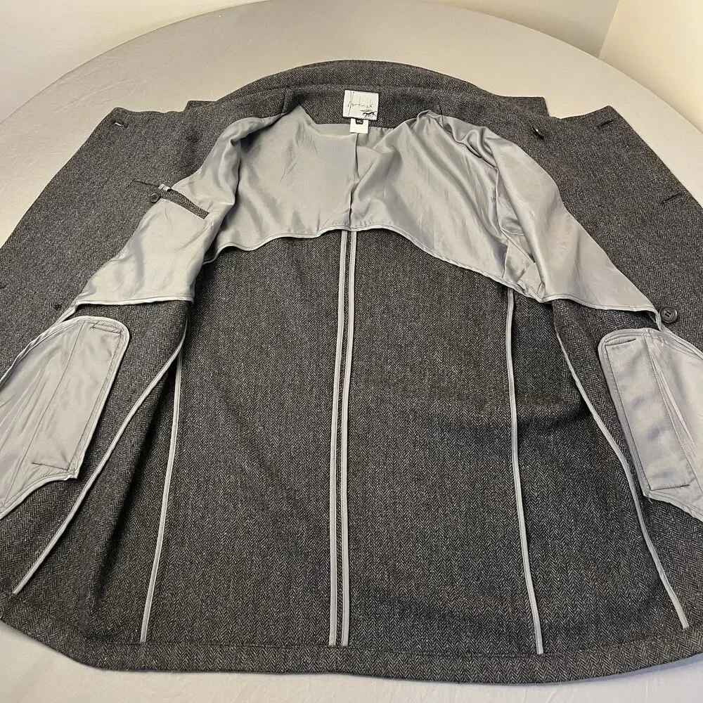 Men's Gray Double Breast Wool Blend Pea Coat Size XL Herringbone Tweed